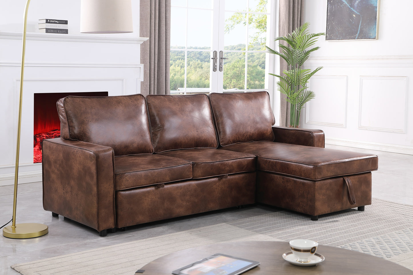 Moxy 3-Seater L-Shaped Sectional Sofa Bed with Pull-Out Sleeper & Reversible Storage Chaise – Premium Faux Leather Corner Couch for Small Spaces (Rich Brown & Charcoal Black)