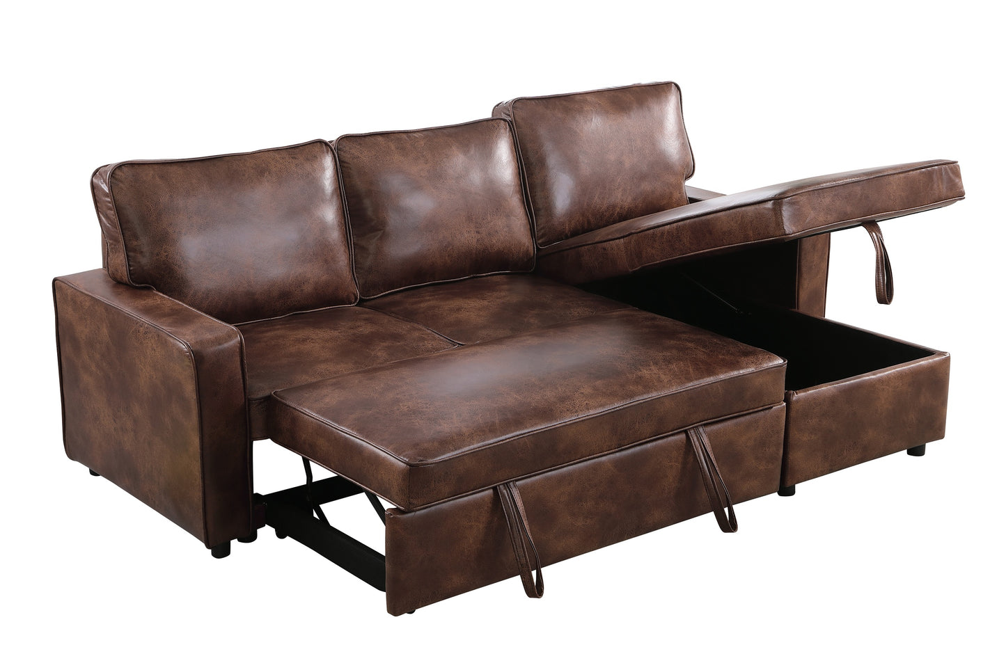 Moxy 3-Seater L-Shaped Sectional Sofa Bed with Pull-Out Sleeper & Reversible Storage Chaise – Premium Faux Leather Corner Couch for Small Spaces (Rich Brown & Charcoal Black)