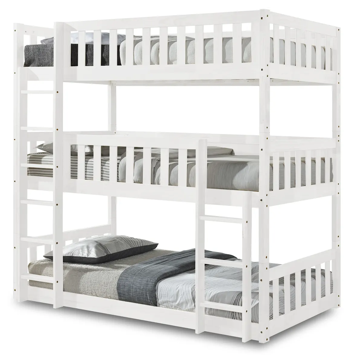 Lydia White Solid Rubberwood Triple Bunk Bed with Two Ladders and Safety Guardrails