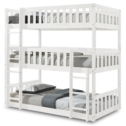 Lydia White Solid Rubberwood Triple Bunk Bed with Two Ladders and Safety Guardrails