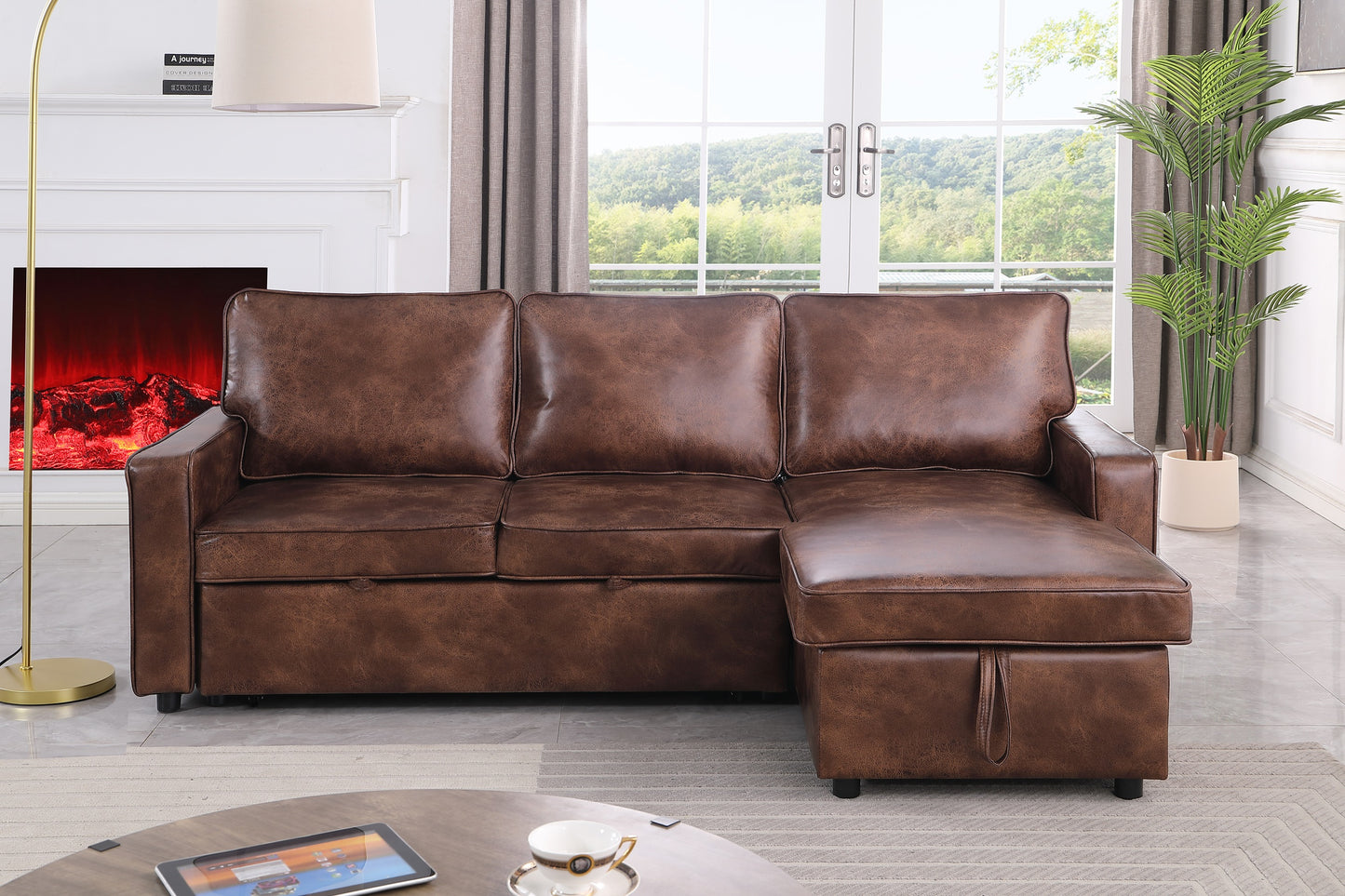 Moxy 3-Seater L-Shaped Sectional Sofa Bed with Pull-Out Sleeper & Reversible Storage Chaise – Premium Faux Leather Corner Couch for Small Spaces (Rich Brown & Charcoal Black)