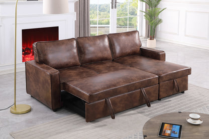 Moxy 3-Seater L-Shaped Sectional Sofa Bed with Pull-Out Sleeper & Reversible Storage Chaise – Premium Faux Leather Corner Couch for Small Spaces (Rich Brown & Charcoal Black)