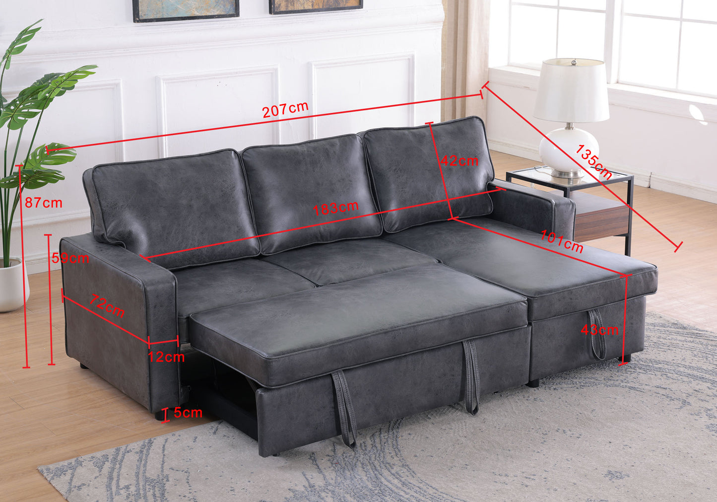 Moxy 3-Seater L-Shaped Sectional Sofa Bed with Pull-Out Sleeper & Reversible Storage Chaise – Premium Faux Leather Corner Couch for Small Spaces (Rich Brown & Charcoal Black)