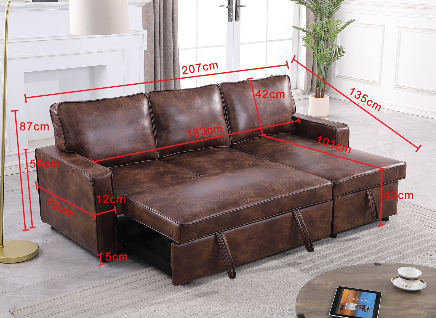 Moxy 3-Seater L-Shaped Sectional Sofa Bed with Pull-Out Sleeper & Reversible Storage Chaise – Premium Faux Leather Corner Couch for Small Spaces (Rich Brown & Charcoal Black)