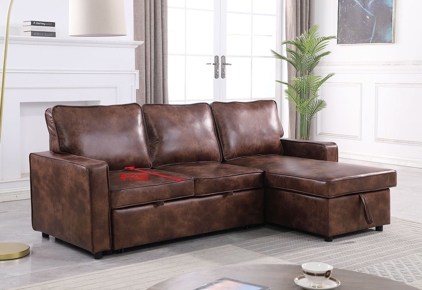 Moxy 3-Seater L-Shaped Sectional Sofa Bed with Pull-Out Sleeper & Reversible Storage Chaise – Premium Faux Leather Corner Couch for Small Spaces (Rich Brown & Charcoal Black)