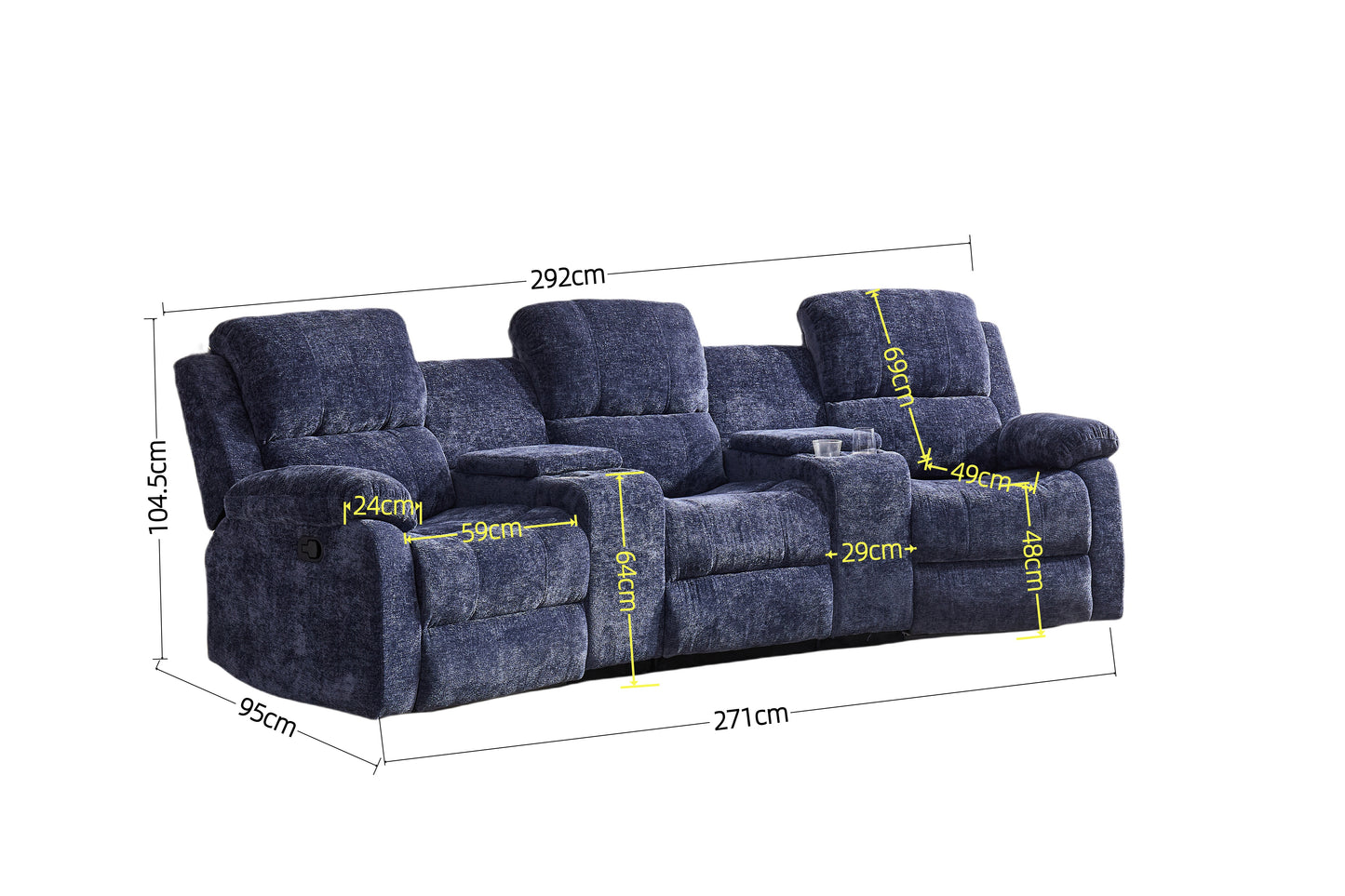 Nova 3-Seater Recliner Sofa – Manual Recliners | USB Ports | Cupholders | Hidden Storage