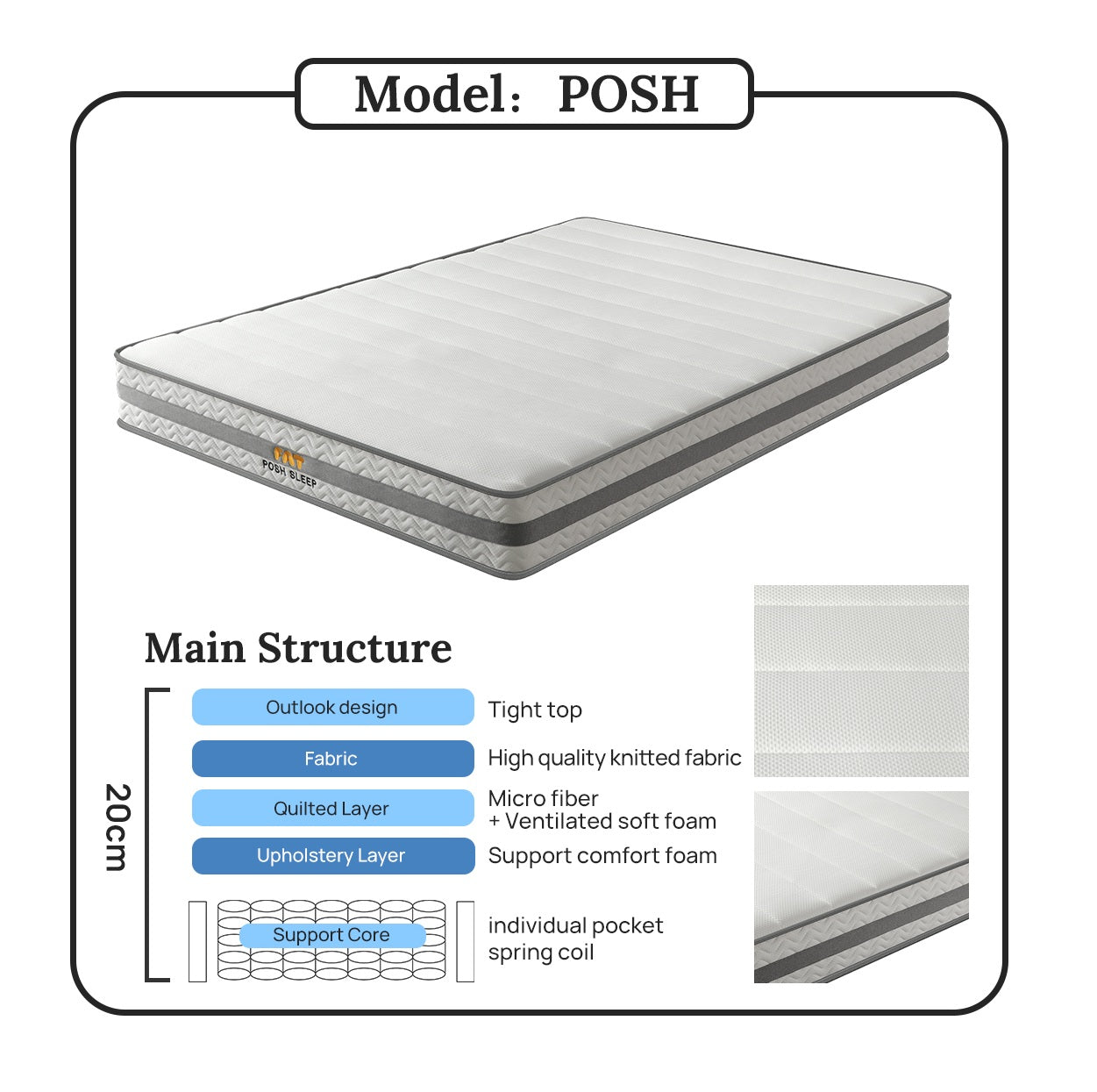 POSH Pocket Spring Mattress – 20cm - Breathable Support for Everyday Comfort