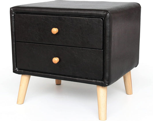 Modern Bedside Table with 2 Storage Drawers | PU Leather & Wood Nightstand
