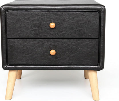 Modern Bedside Table with 2 Storage Drawers | PU Leather & Wood Nightstand