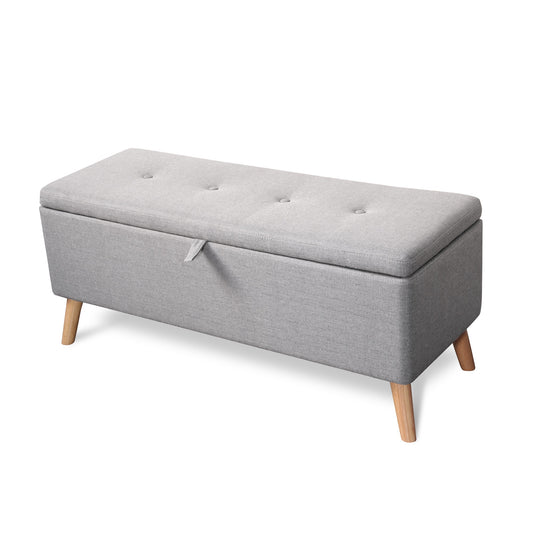 Grey Ottoman Storage Bench with Wooden Legs – Stylish Seating & Hidden Storage