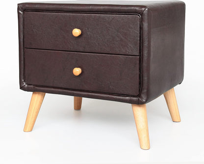 Modern Bedside Table with 2 Storage Drawers | PU Leather & Wood Nightstand