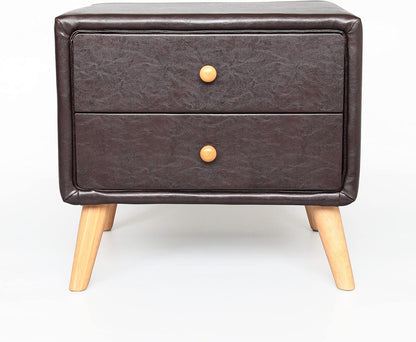 Modern Bedside Table with 2 Storage Drawers | PU Leather & Wood Nightstand