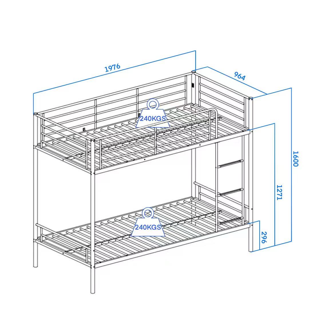 Torquay Metal Bunk Bed Frame - Strong, High Guardrail - Silver (Mattresses Available)