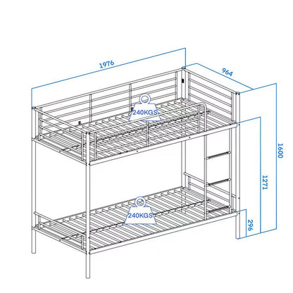 Torquay Metal Bunk Bed Frame - Strong, High Guardrail - Silver (Mattresses Available)