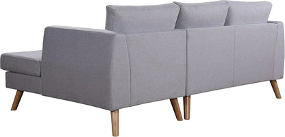 Ewan Grey L-Shaped 3-Seater Sofa with Right-Hand Chaise – Linen Fabric & Wooden Legs
