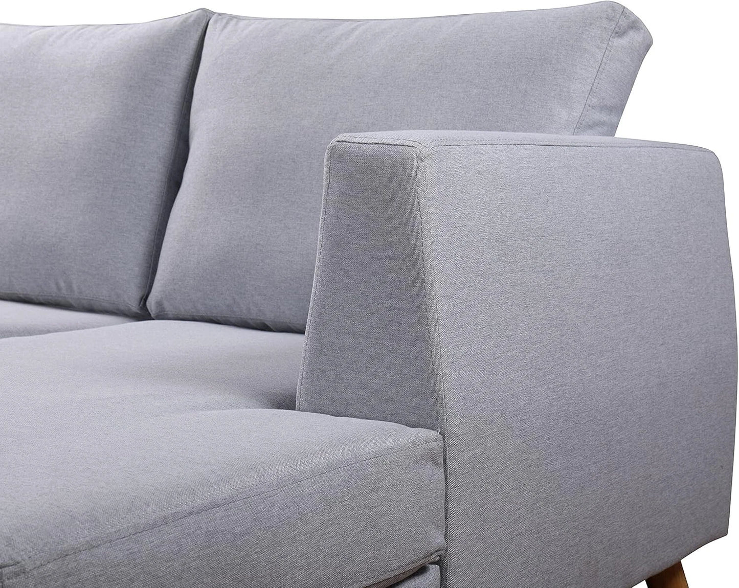 Ewan Grey L-Shaped 3-Seater Sofa with Right-Hand Chaise – Linen Fabric & Wooden Legs