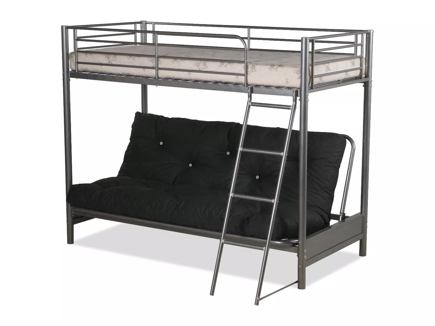 Space-Saving Metal Futon Bunk Bed - 3FT Top & 4FT6 Bottom - Sleek Silver