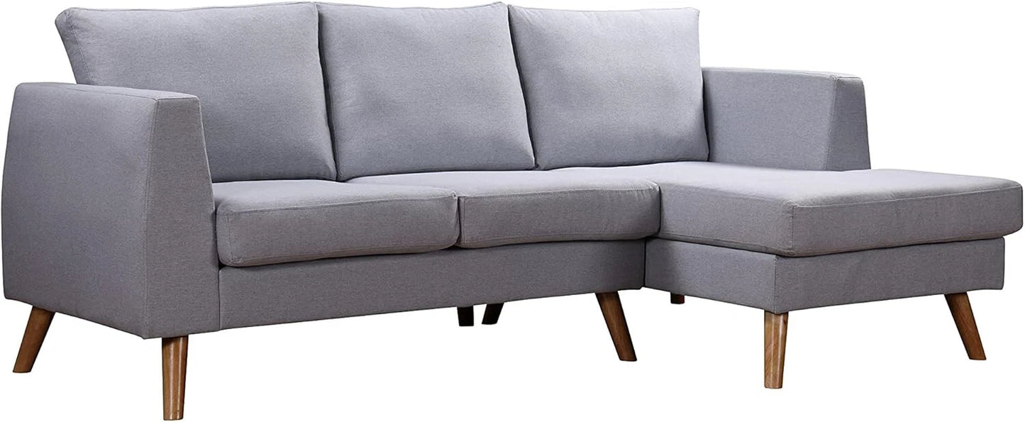 Ewan Grey L-Shaped 3-Seater Sofa with Right-Hand Chaise – Linen Fabric & Wooden Legs