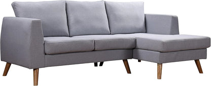 Ewan Grey L-Shaped 3-Seater Sofa with Right-Hand Chaise – Linen Fabric & Wooden Legs