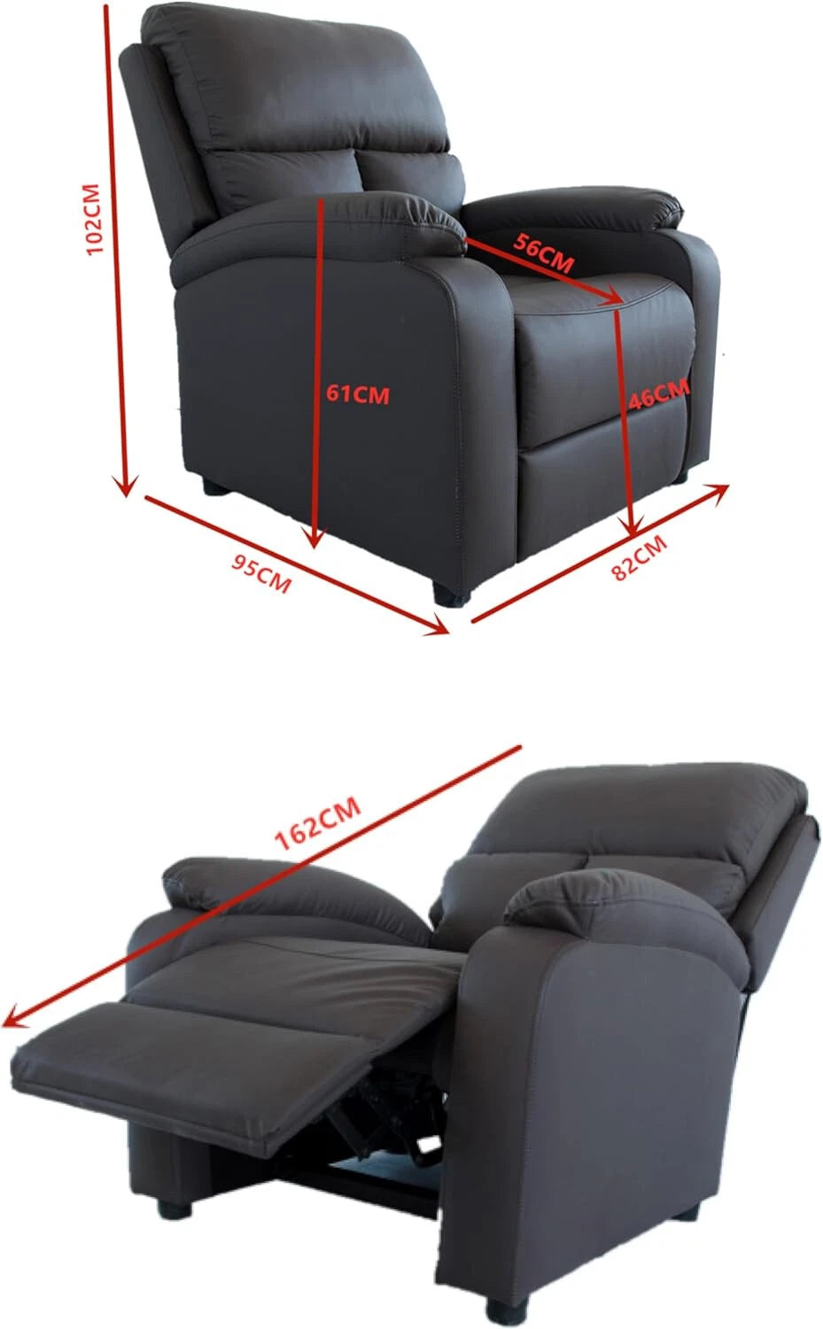 PU Leather Recliner Chair Black or Brown – Padded Armchair Lounge Seat
