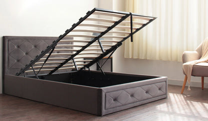 Frome Ottoman Gas Lift Bed -Velvet upholstered Grey/Jade -Storage & Sprung Slats
