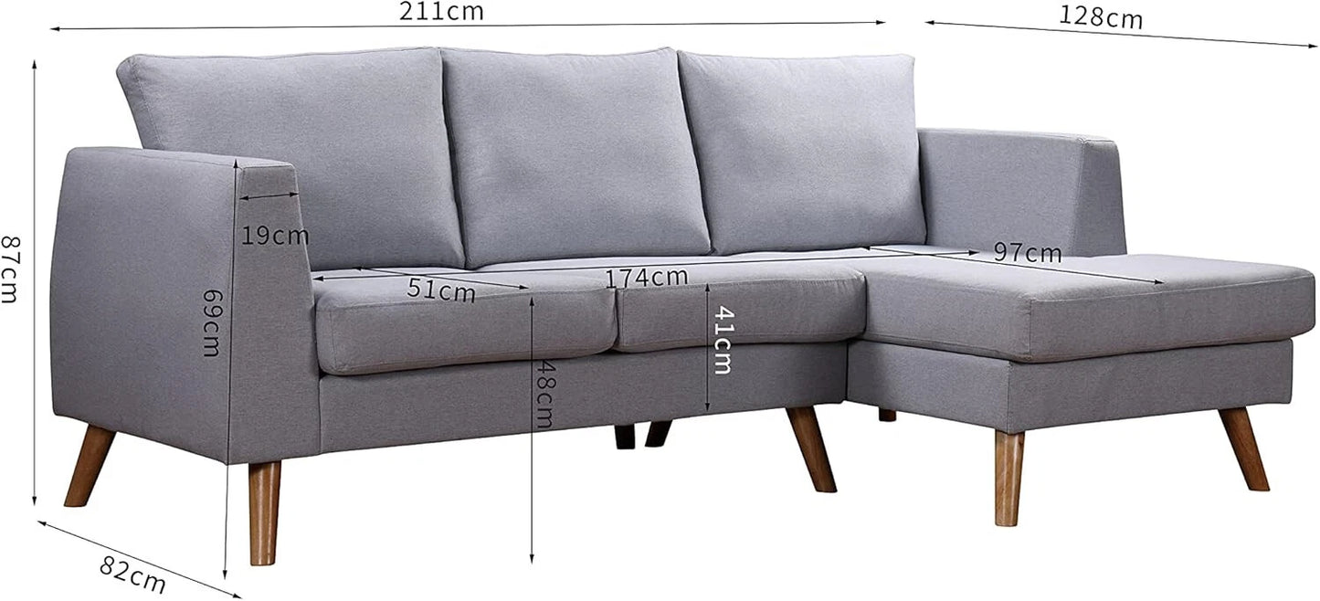 Ewan Grey L-Shaped 3-Seater Sofa with Right-Hand Chaise – Linen Fabric & Wooden Legs