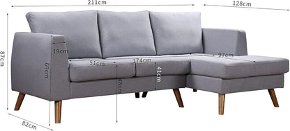 Ewan Grey L-Shaped 3-Seater Sofa with Right-Hand Chaise – Linen Fabric & Wooden Legs