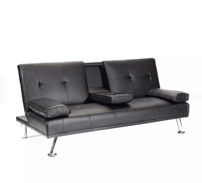 Faux Leather Folding Sofa Bed With Cup Holders Cinema Style