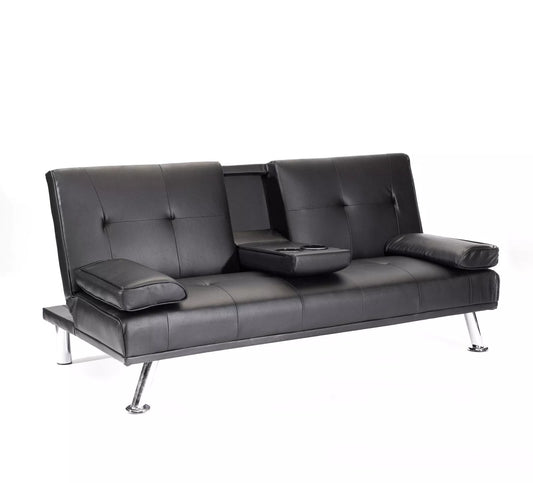 Faux Leather Folding Sofa Bed With Cup Holders Cinema Style