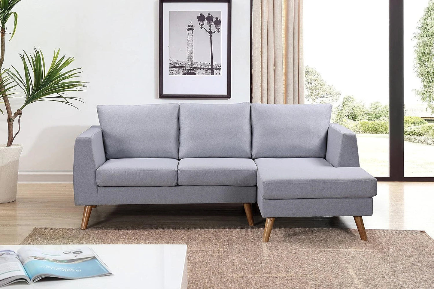 Ewan Grey L-Shaped 3-Seater Sofa with Right-Hand Chaise – Linen Fabric & Wooden Legs