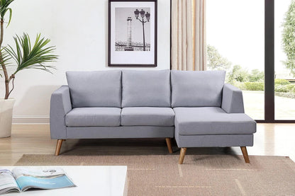Ewan Grey L-Shaped 3-Seater Sofa with Right-Hand Chaise – Linen Fabric & Wooden Legs