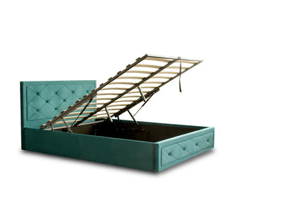 Frome Ottoman Gas Lift Bed -Velvet upholstered Grey/Jade -Storage & Sprung Slats