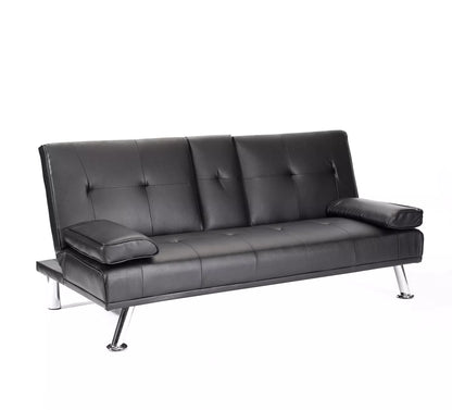 Faux Leather Folding Sofa Bed With Cup Holders Cinema Style