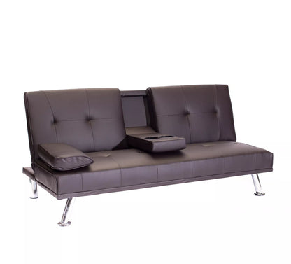Faux Leather Folding Sofa Bed With Cup Holders Cinema Style
