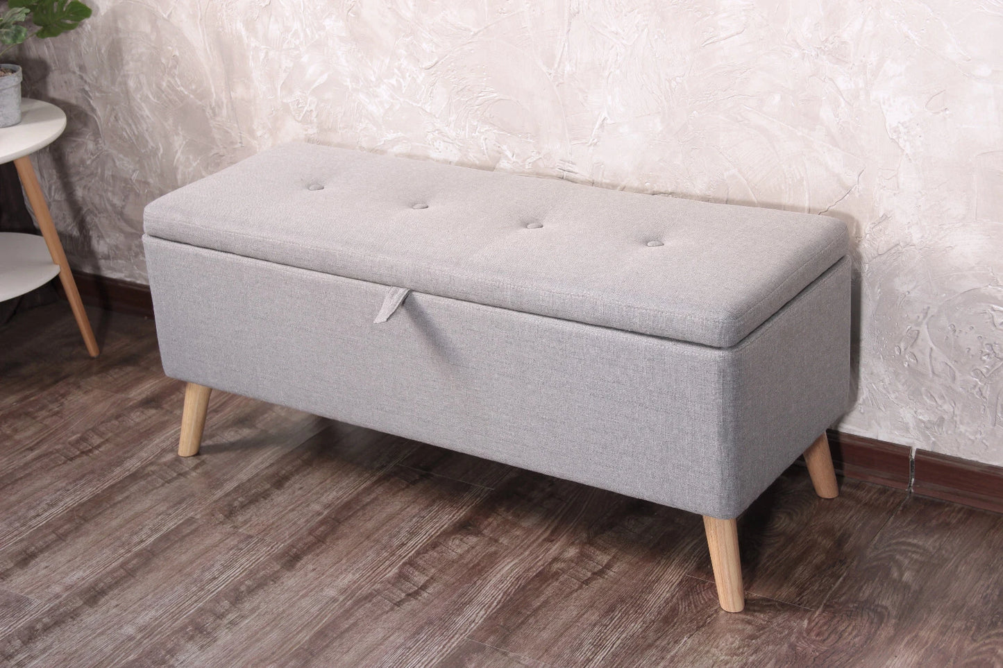 Grey Ottoman Storage Bench with Wooden Legs – Stylish Seating & Hidden Storage