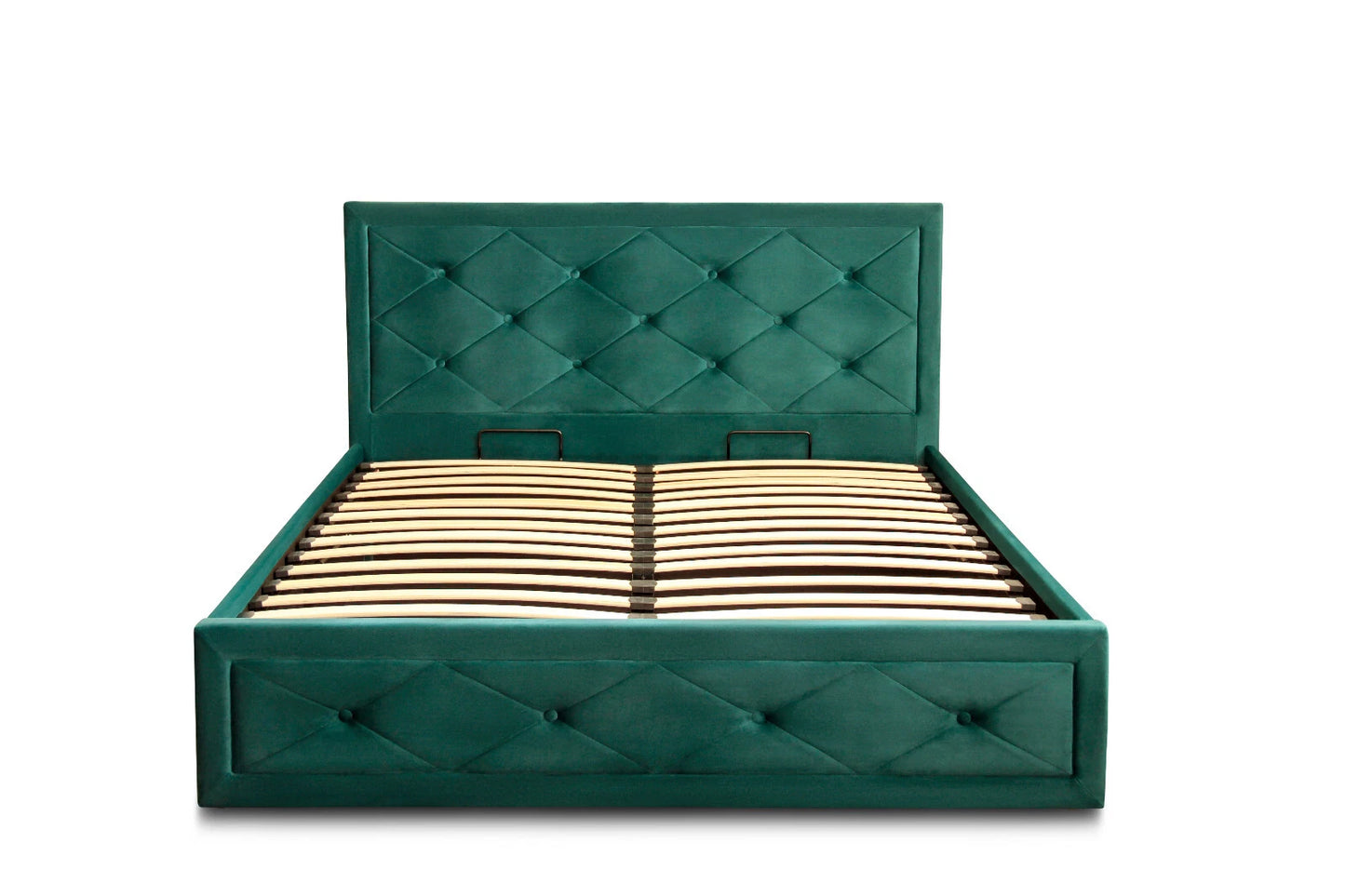 Frome Ottoman Gas Lift Bed -Velvet upholstered Grey/Jade -Storage & Sprung Slats