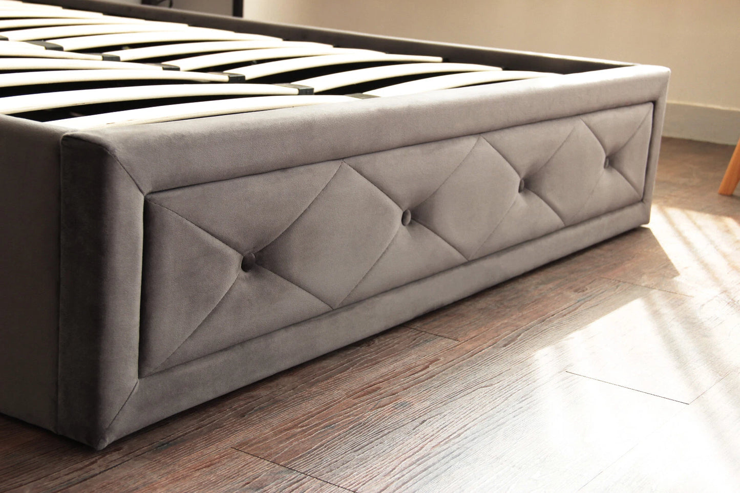 Frome Ottoman Gas Lift Bed -Velvet upholstered Grey/Jade -Storage & Sprung Slats